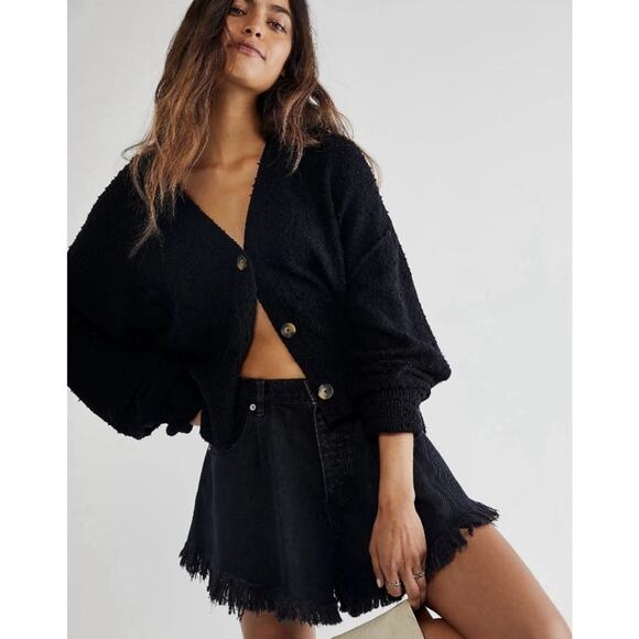 Free People Found My Friend Cardi S Black Boucle Cardigan Sweater Boho Preppy - Picture 2 of 10